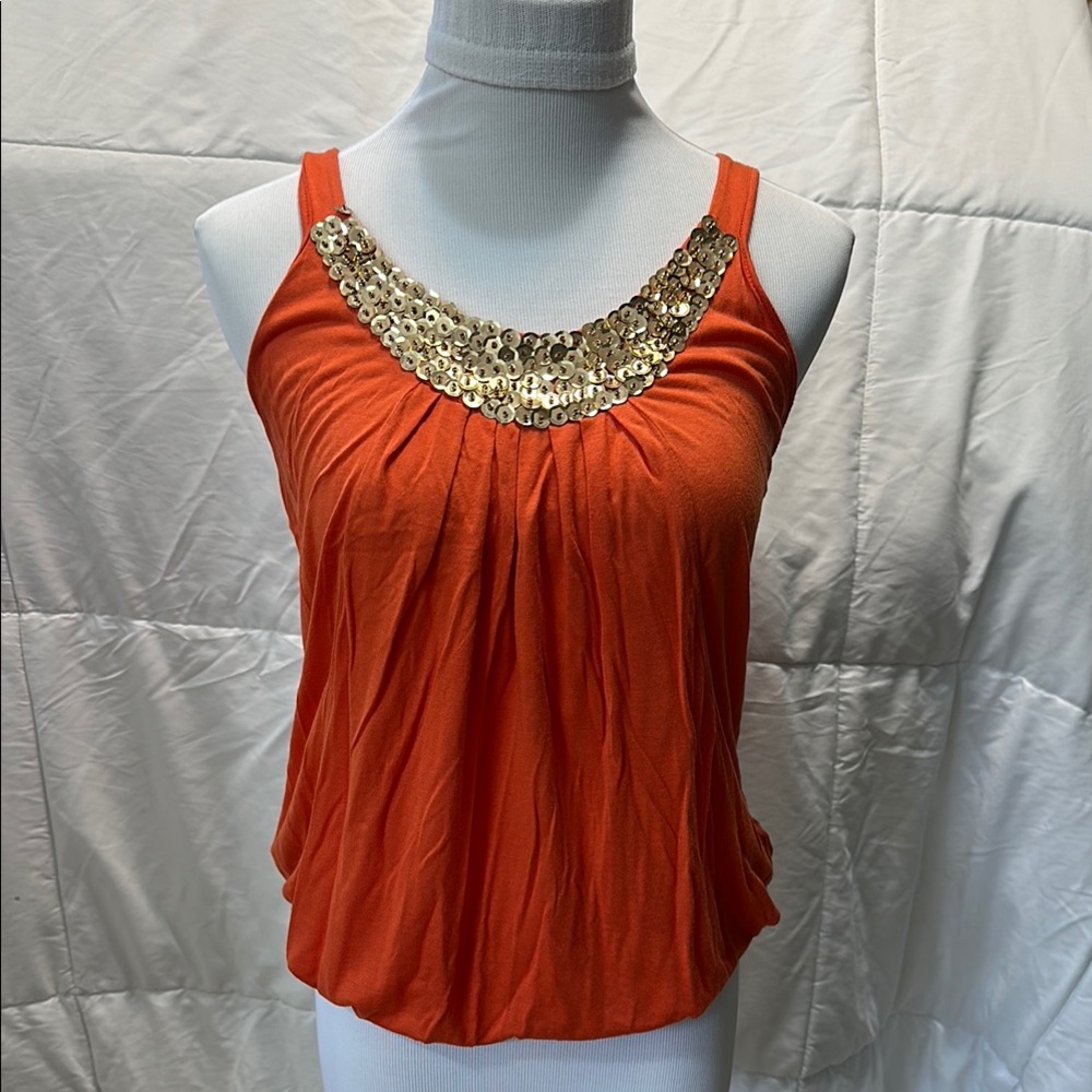Embellished Ruched Orange Camisole with Gold Accents